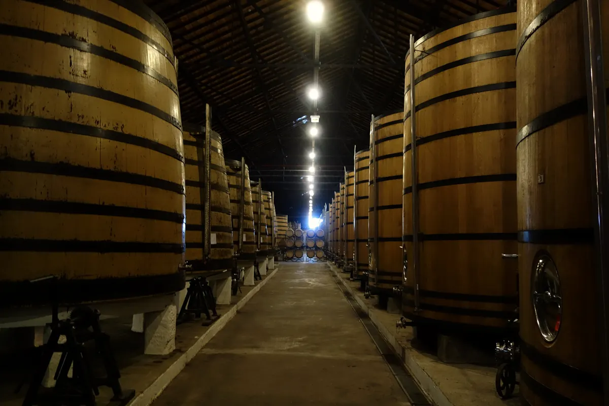 A long corridor of oak vats inside a port wine lodge in Vila Nova de Gaia