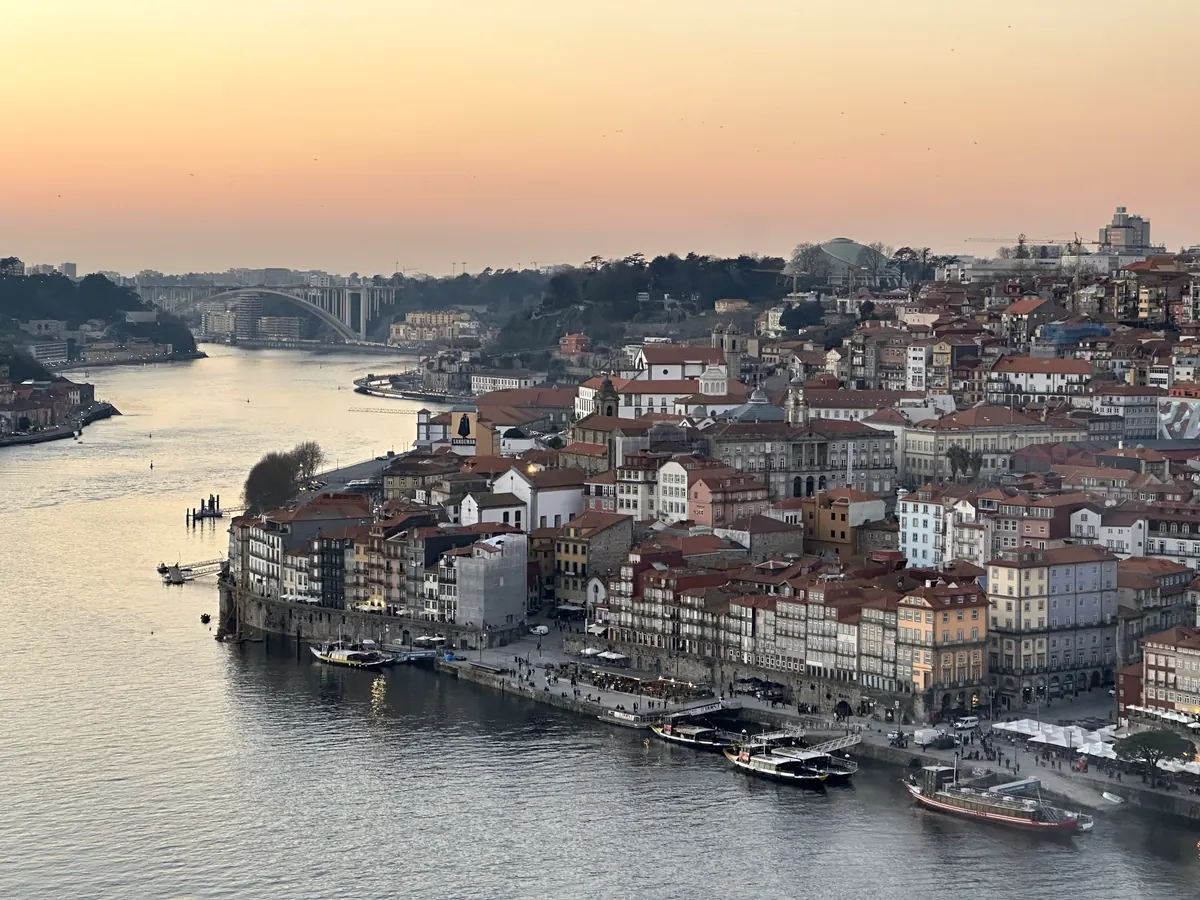 Sunset over the Douro and Ribeira seen from Jardim do Morro in Gaia