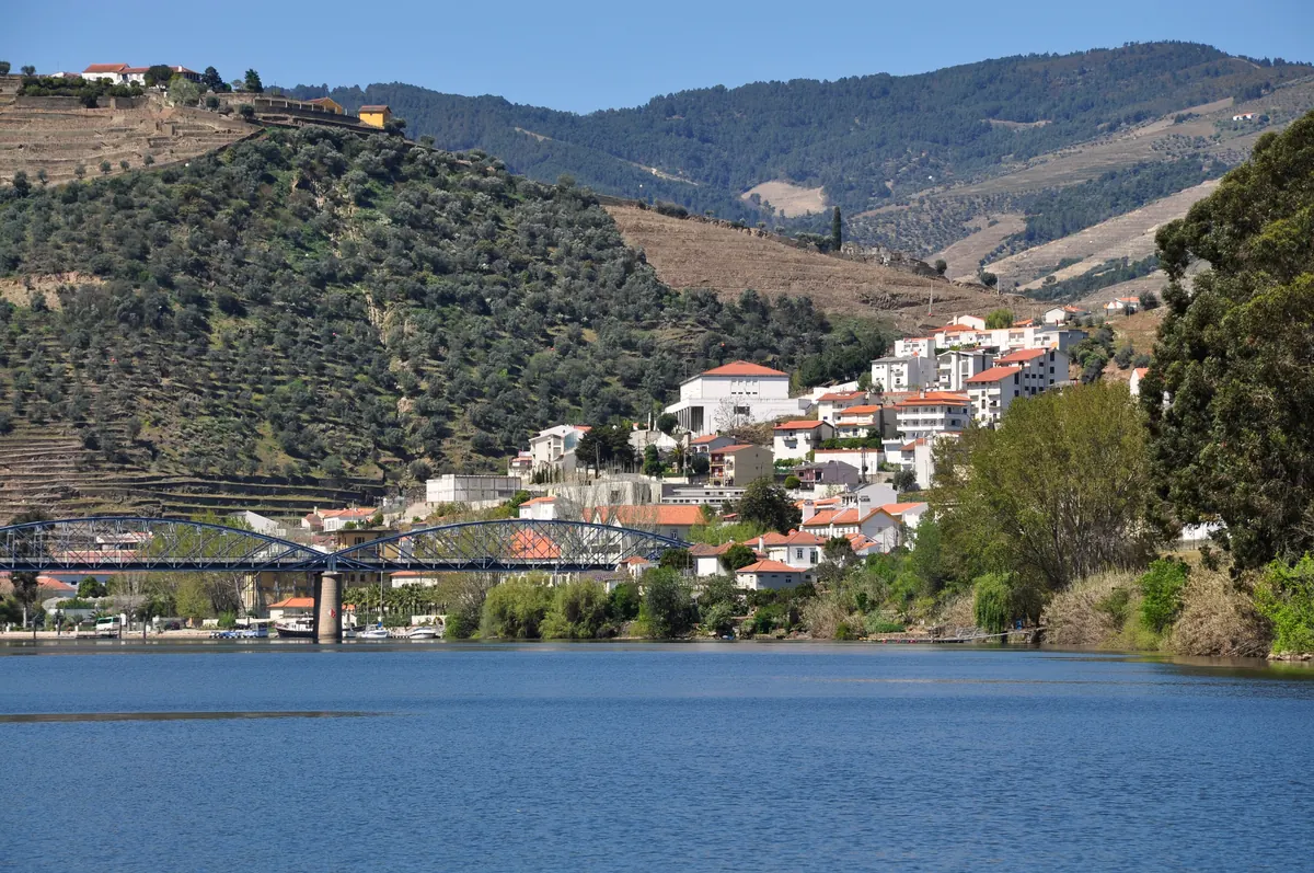 The Douro River at Pinhão with vineyards rising behind the village