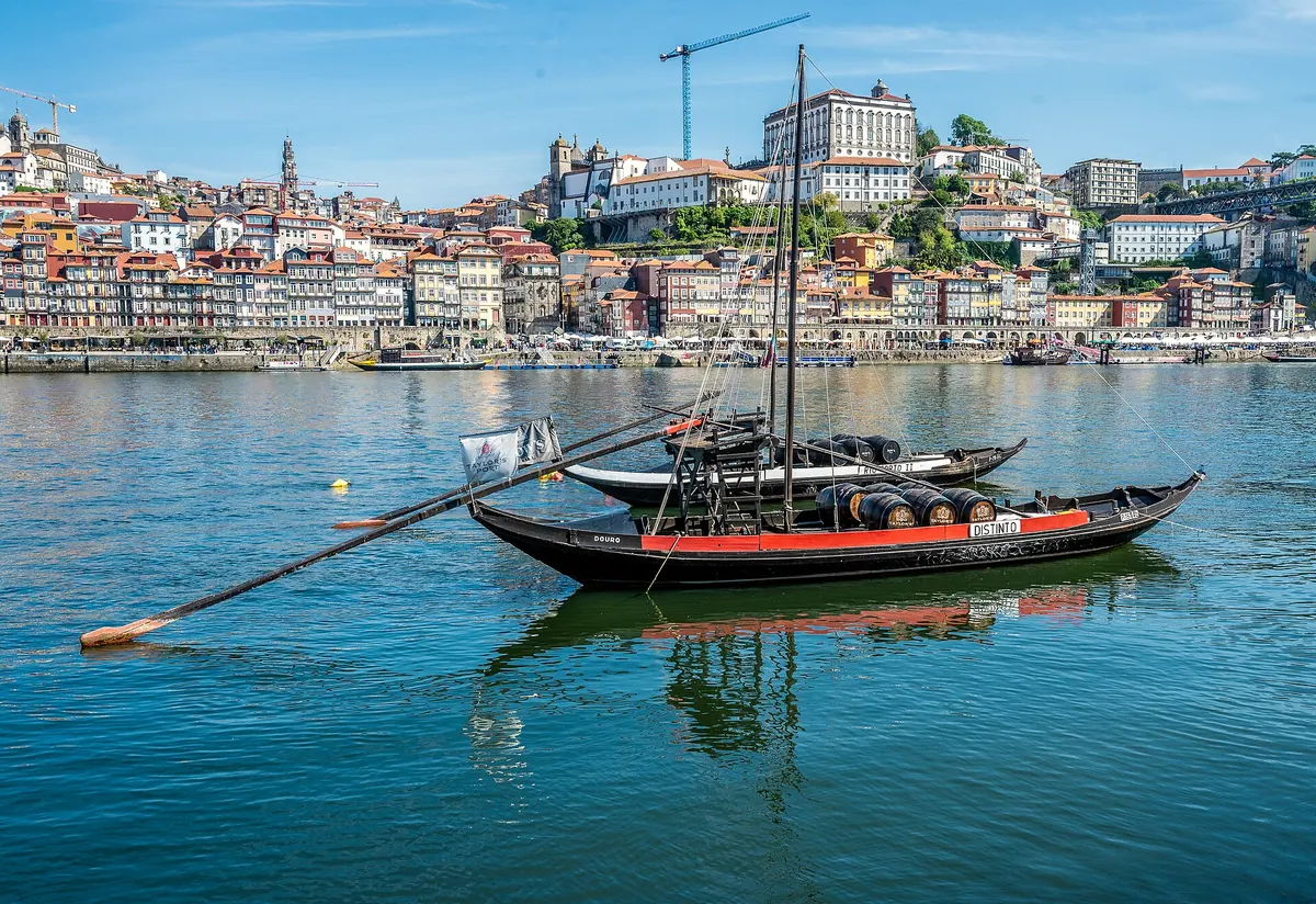 Traditional rabelo boats moored on the Douro below Porto's old town